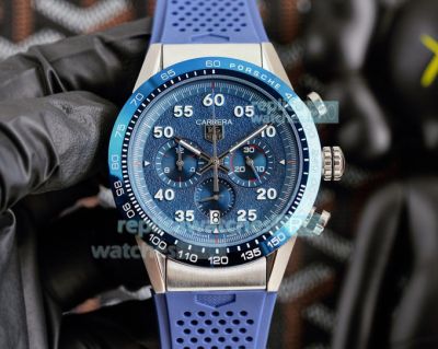 Replica TAG Heuer Carrera Chronograph Watch Blue Dial Blue Rubber Strap 44MM